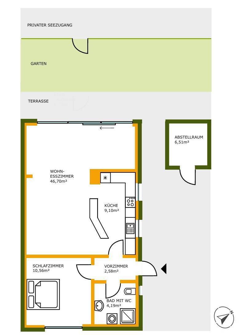 Grundriss des Hauses mit Wohn-Esszimmer, Küche, Schlafzimmer, Bad und direktem Seezugang.