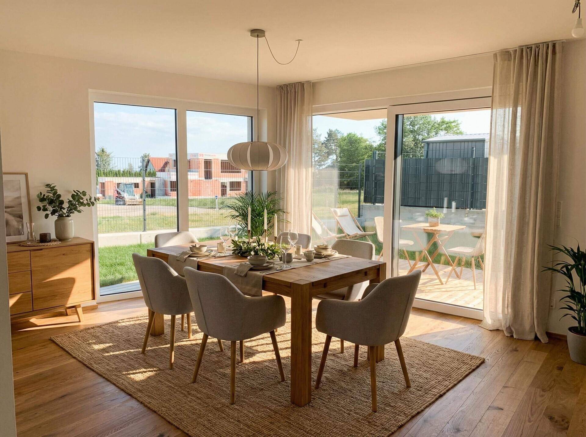 Heller Essbereich mit Holztisch, modernen Stühlen und Zugang zur Außenterrasse.