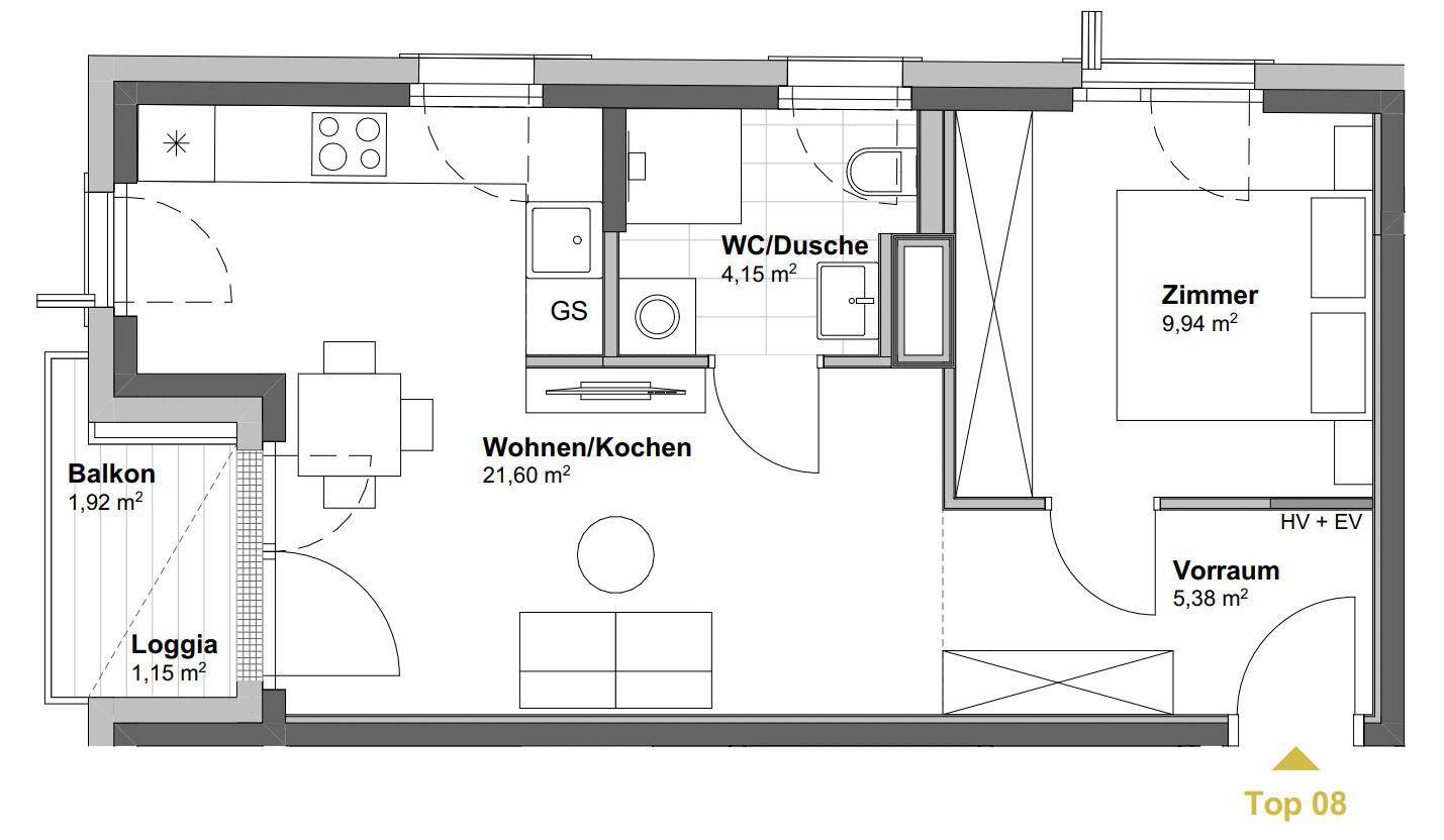 Grundriss einer Wohnung mit offenem Wohn-/Kochbereich, einem Zimmer, Balkon und Loggia.