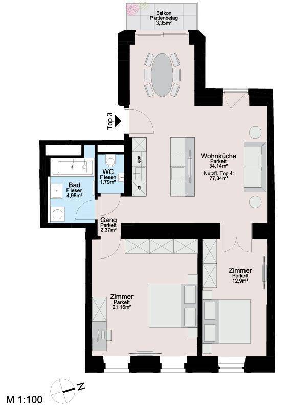 Nahaufnahme des Grundrisses der Wohnung Top 3 mit detaillierter Aufteilung von Wohnküche, Schlafzimmern und Bädern.