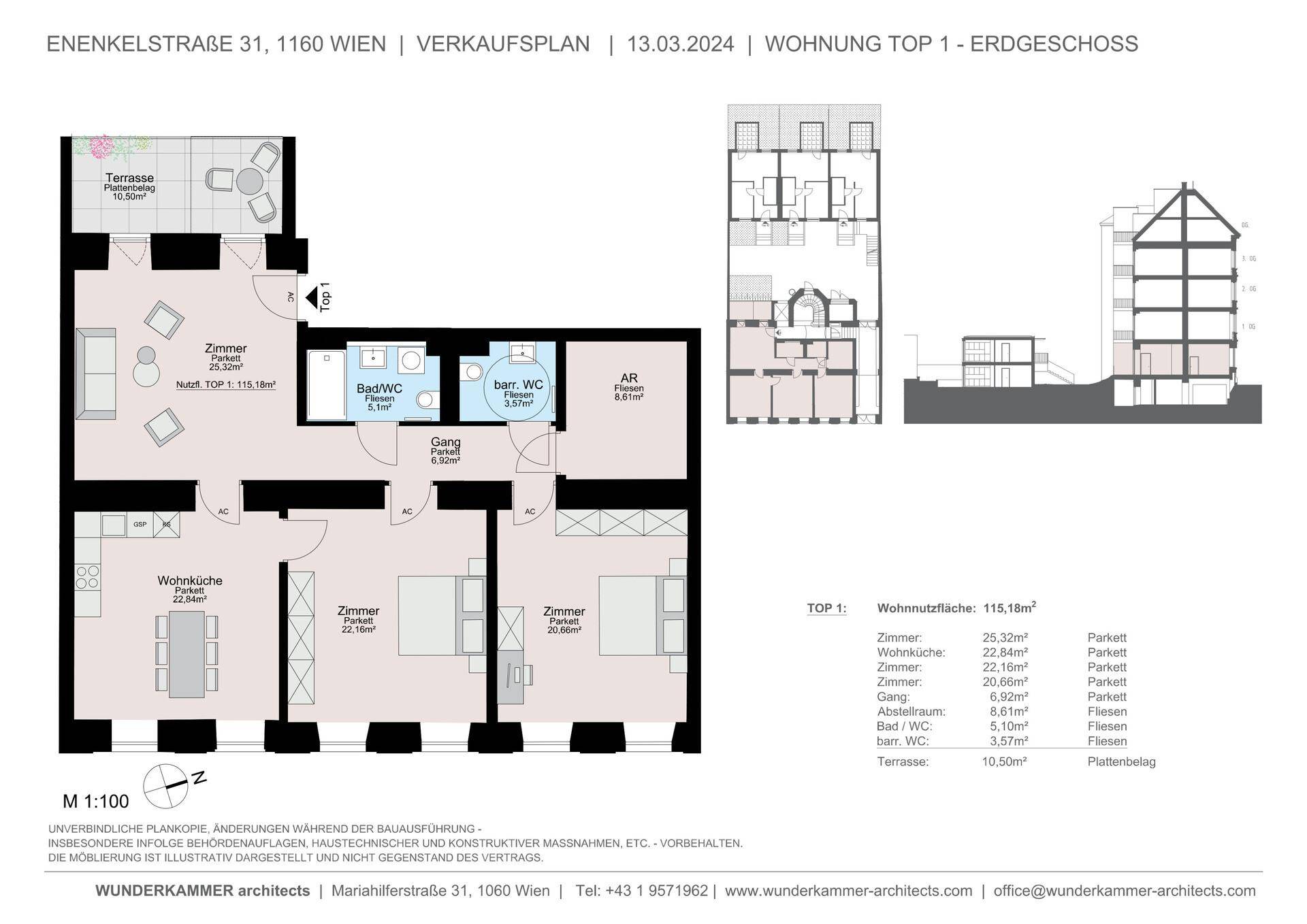 Umfassender Verkaufsplan mit Grundriss, Ansichten und detaillierter Flächenaufstellung der Wohnung.