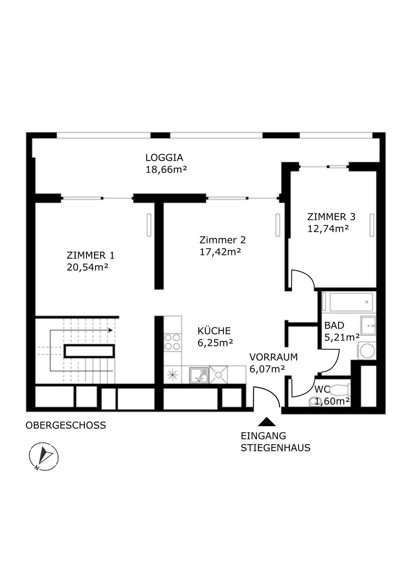 Grundriss des Obergeschosses mit drei Zimmern, Küche, Bad und Loggia.