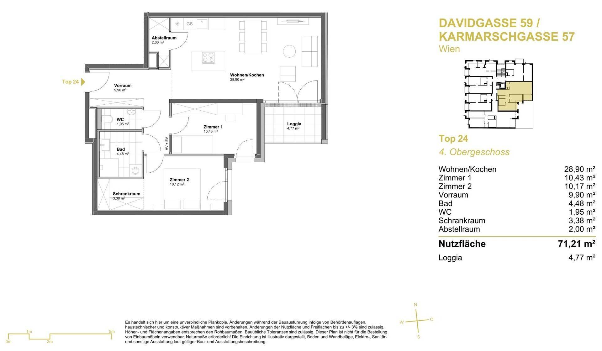 Detaillierter Grundriss der Wohnung Top 24 im 4. Obergeschoss mit Loggia und Abstellraum.