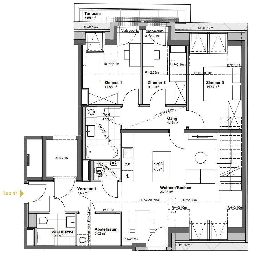 Detaillierter Grundriss der Wohnung Top 41 mit drei Zimmern, offenem Wohnbereich und Terrasse.