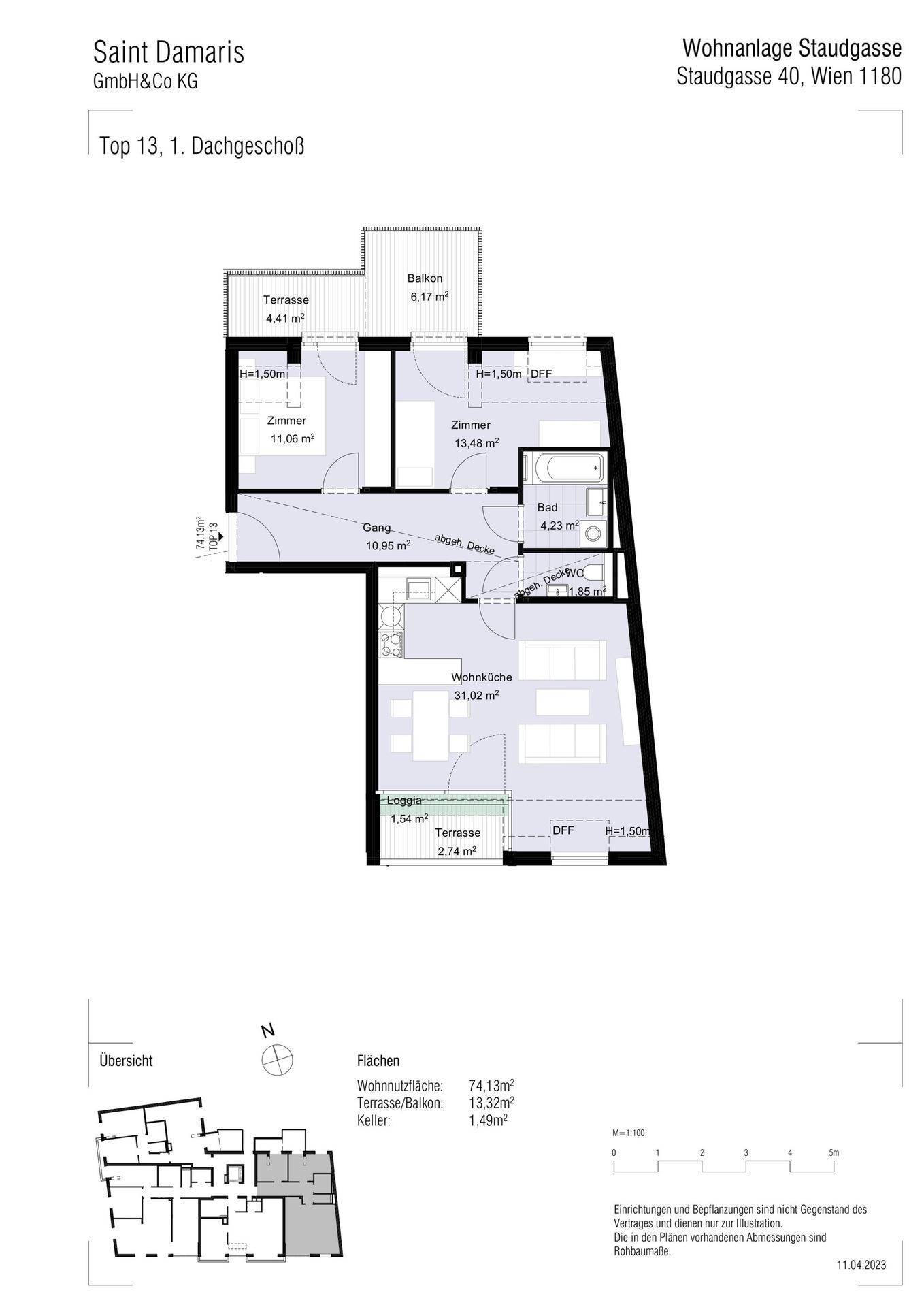 Detaillierter Grundriss der Wohnanlage Staudgasse 40, Wien 1180, Top 13.