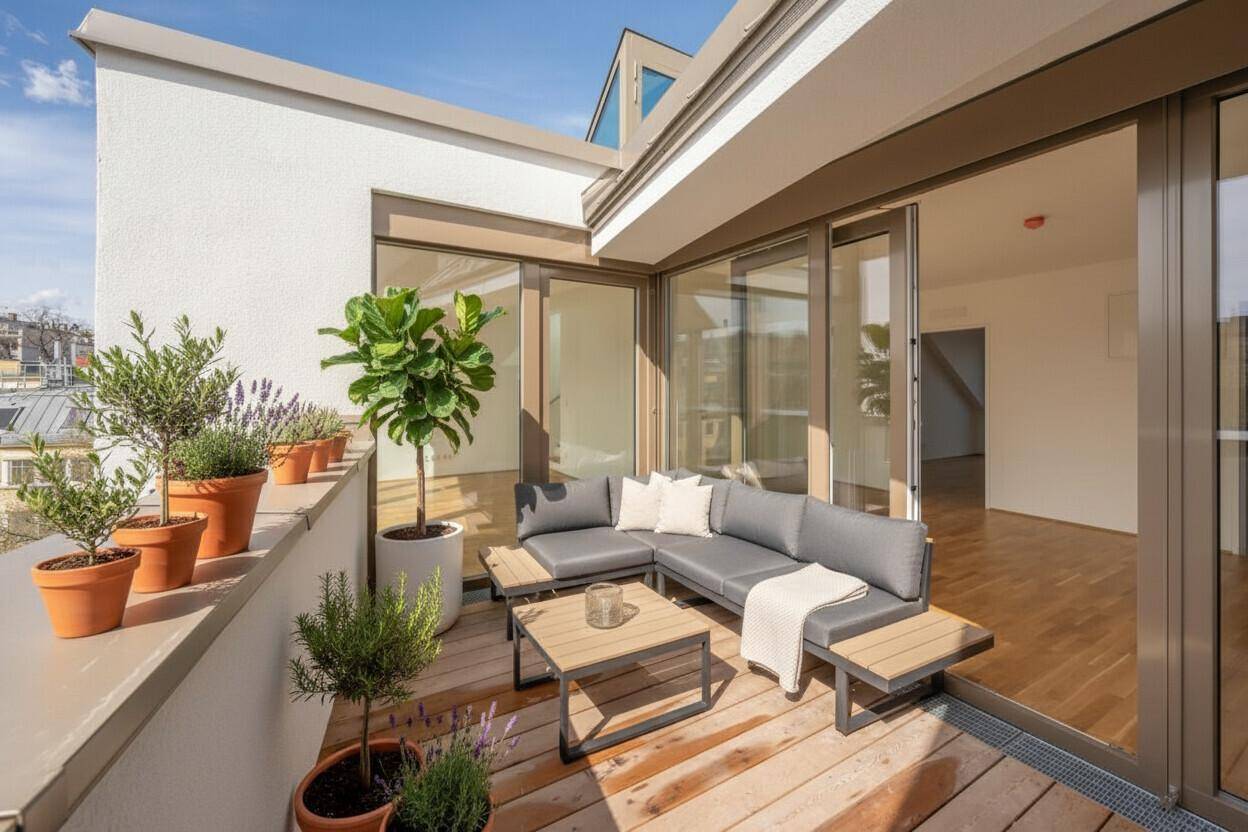 Gemütlicher Balkon mit Holzdeck, modernen Loungemöbeln und Blick über die städtische Umgebung.