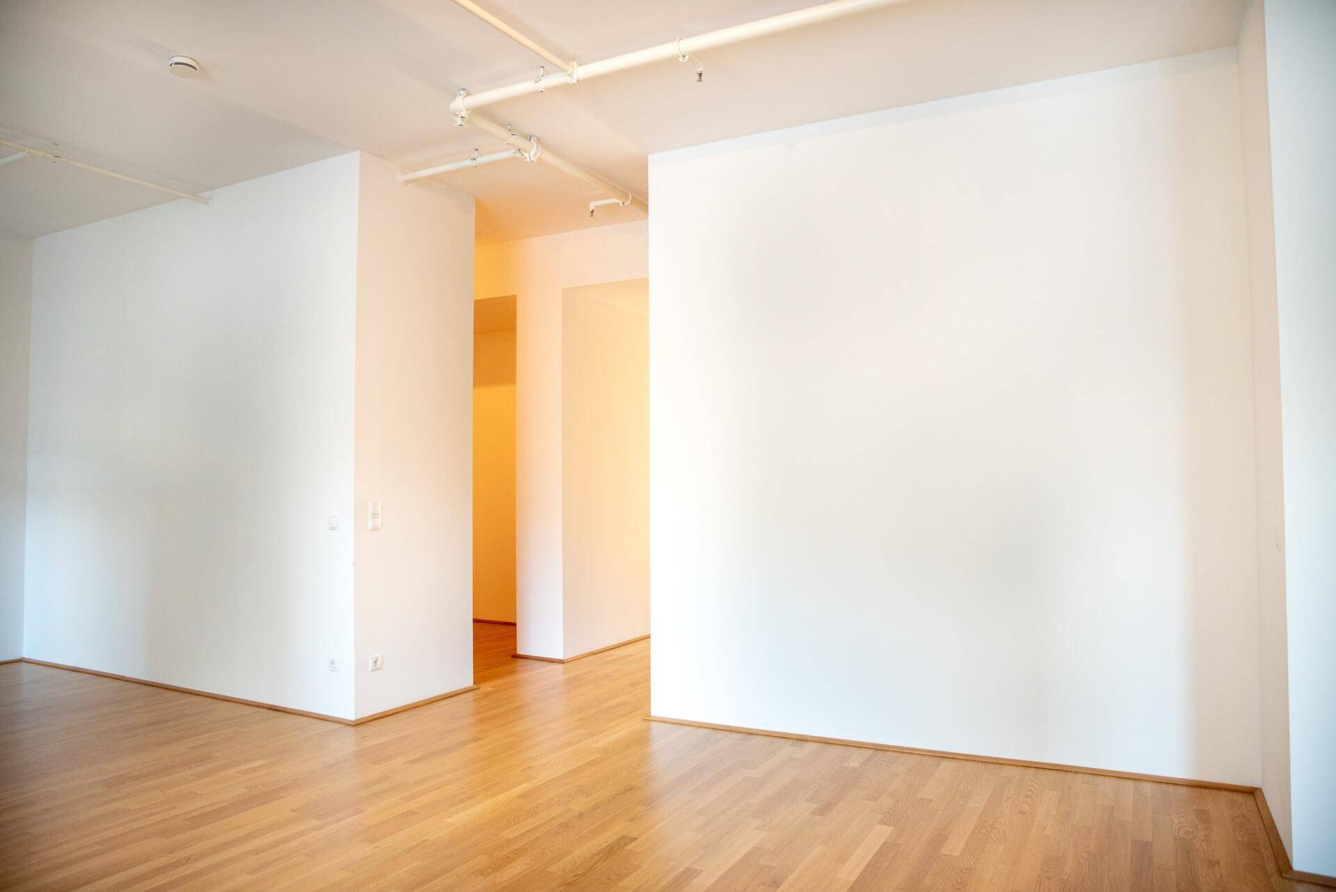Offener, heller Wohnbereich mit Holzboden und weiß gestrichenen Wänden, ideal für flexible Gestaltung.