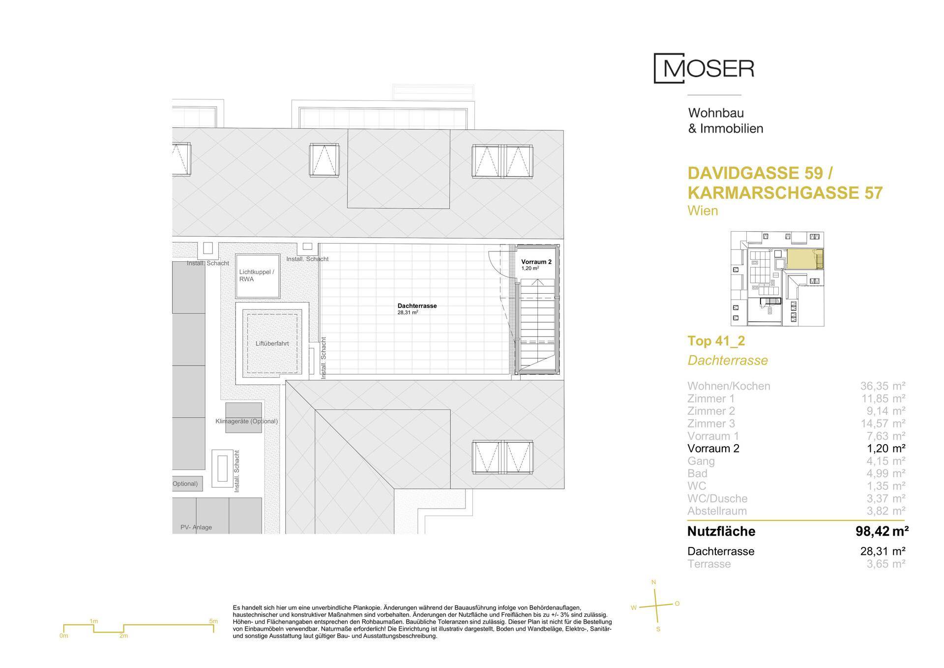 Grundriss der Dachterrasse Top 41_2 mit Zugang und umliegenden Gebäudeteilen.