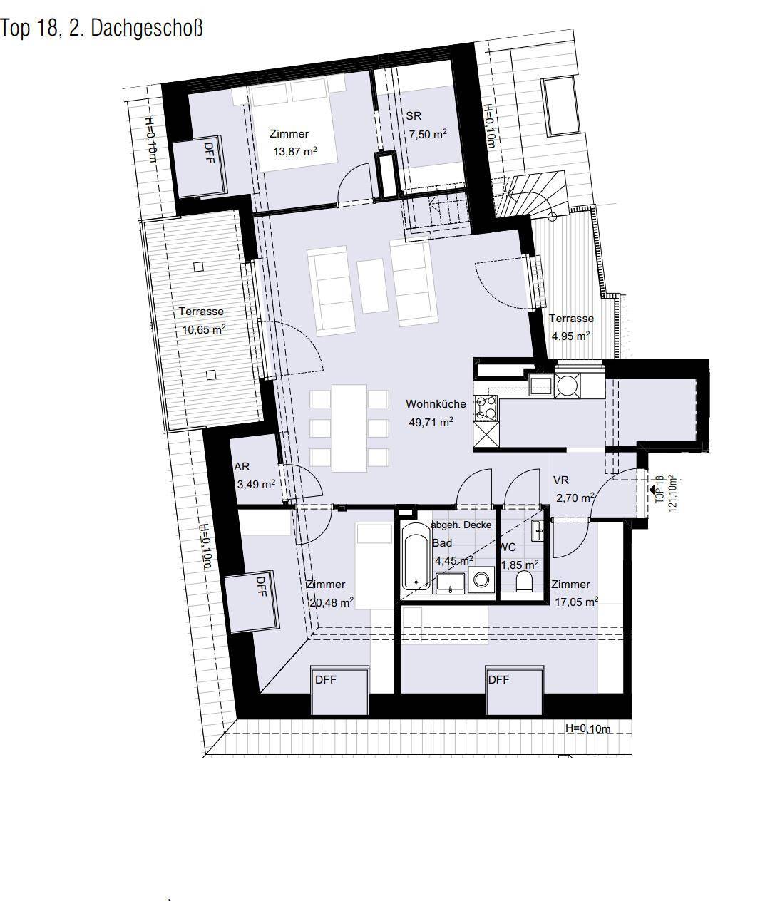 Grundriss der Wohnung Top 18 im zweiten Dachgeschoss mit drei Zimmern, Wohnküche und zwei Terrassen.