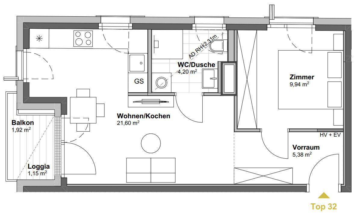Grundriss einer kleinen Wohnung mit offenem Wohn-/Kochbereich, Schlafzimmer und Balkon.