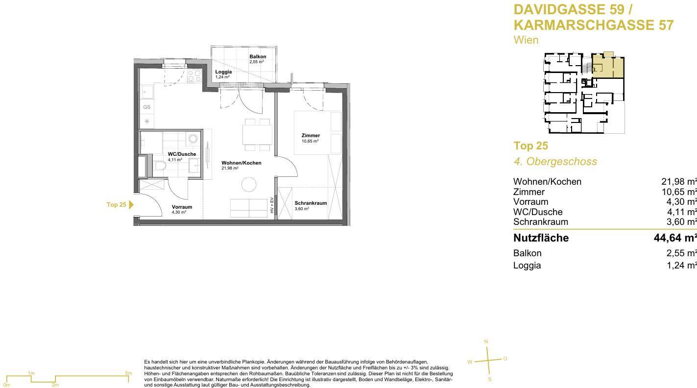 Grundriss einer Wohnung mit offenem Wohn-/Kochbereich, einem Schlafzimmer, Bad, Balkon und Loggia.