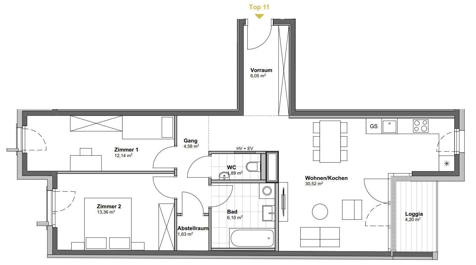Grundriss einer Wohnung mit zwei Zimmern, offenem Wohn-/Kochbereich, Bad, WC und Loggia.