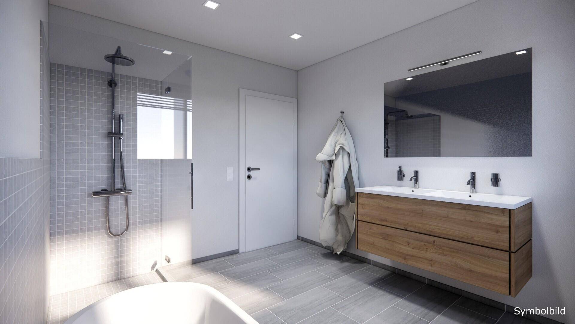 Modernes Badezimmer mit begehbarer Dusche, Doppelwaschbecken und freistehender Badewanne.
