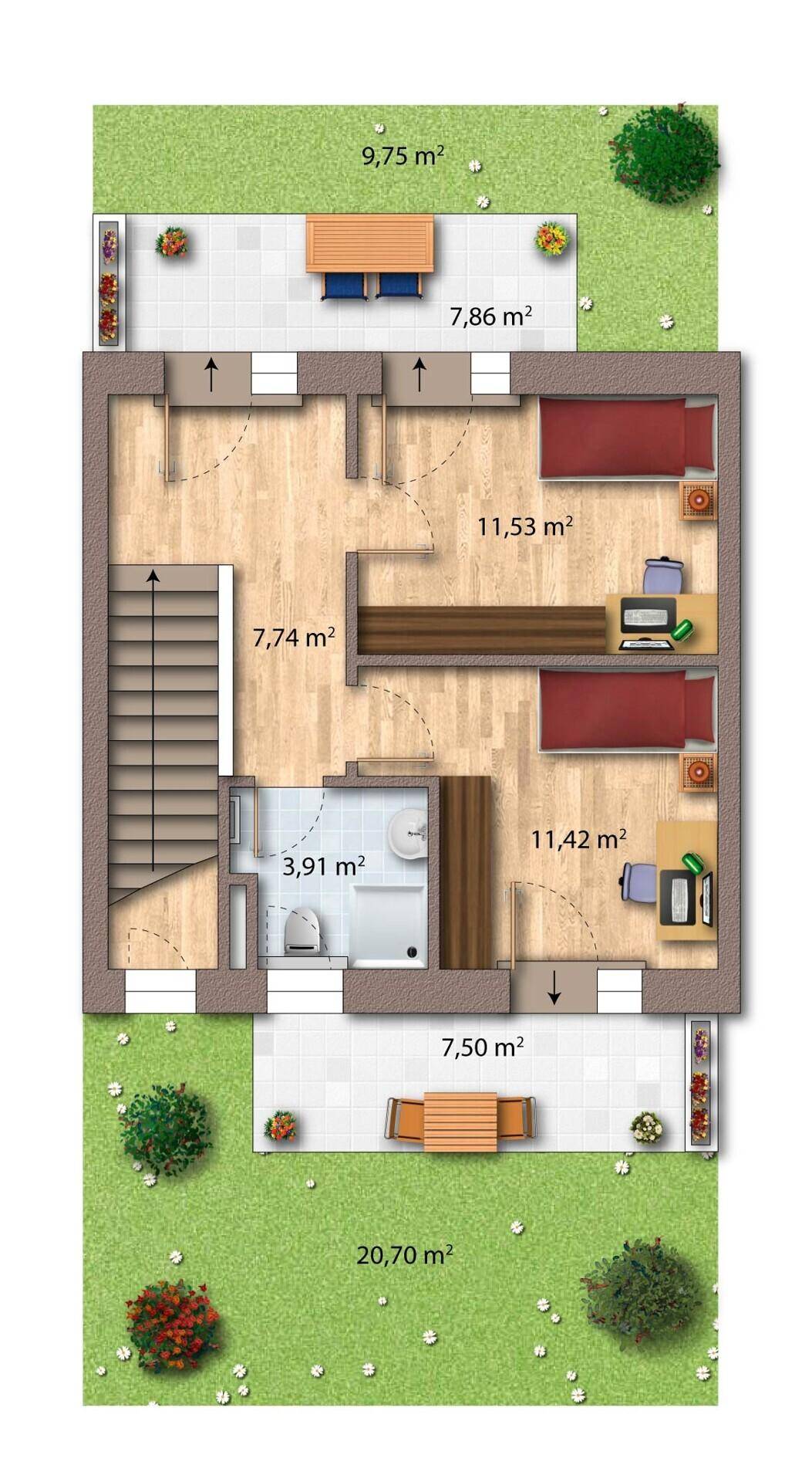 Grundriss des Obergeschosses mit Schlafzimmern, Bad und zwei Terrassen mit Gartenblick.