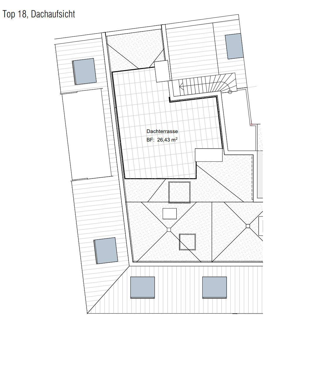 Dachaufsicht der Wohnung Top 18 mit einer großen Dachterrasse und Dachfenstern.