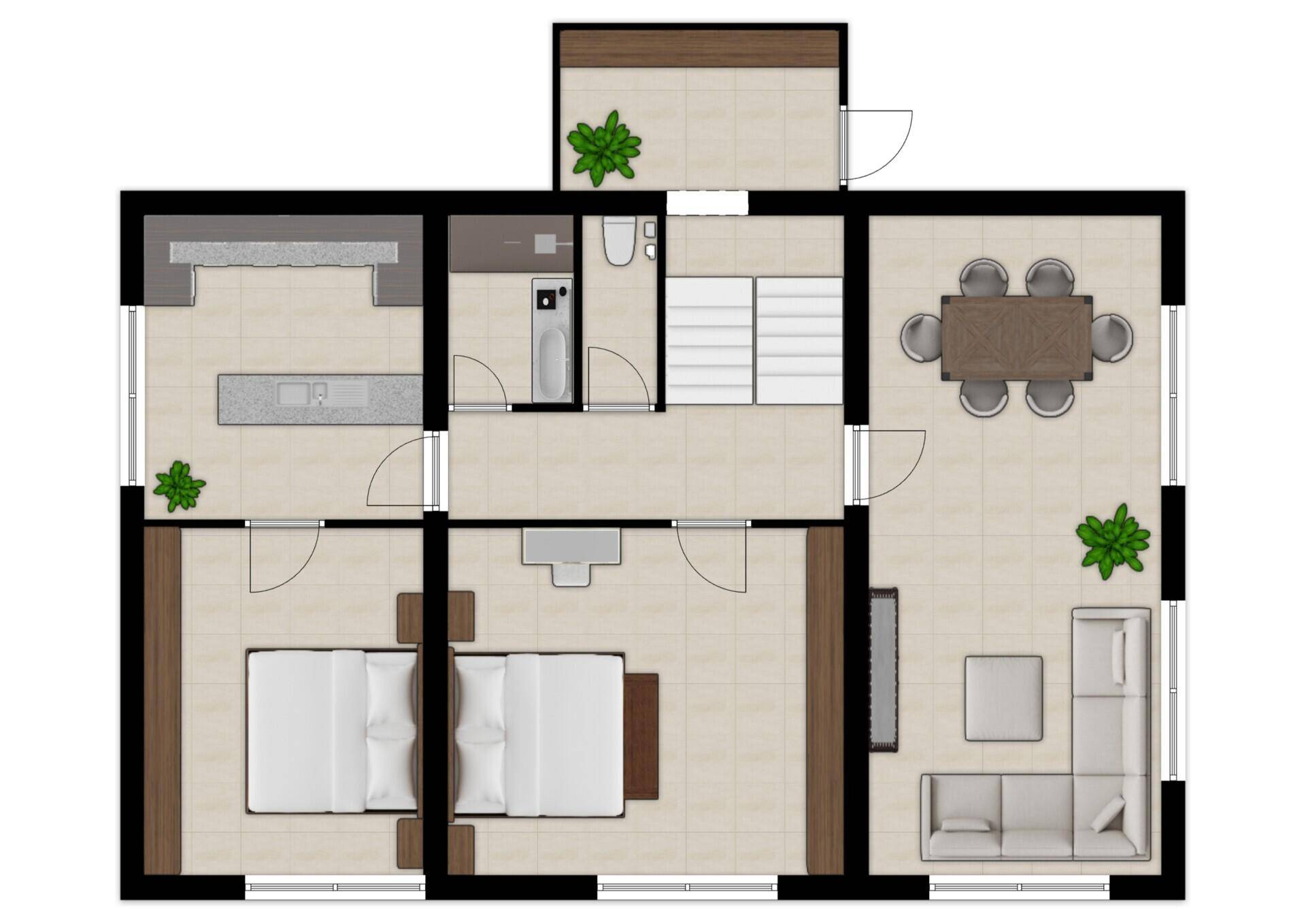Grundriss einer Wohnung mit Schlafzimmer, Wohnbereich, Küche und Balkon.
