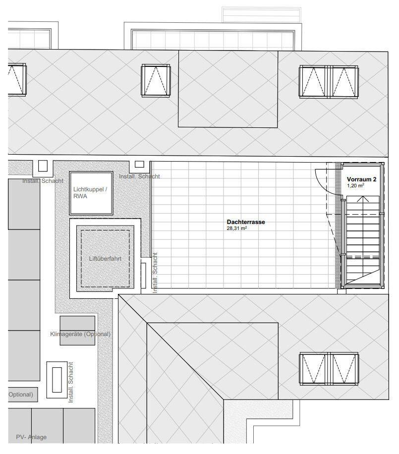 Detaillierter Grundriss der Dachterrasse Top 41_2 mit Solaranlage und Lichtkuppel.