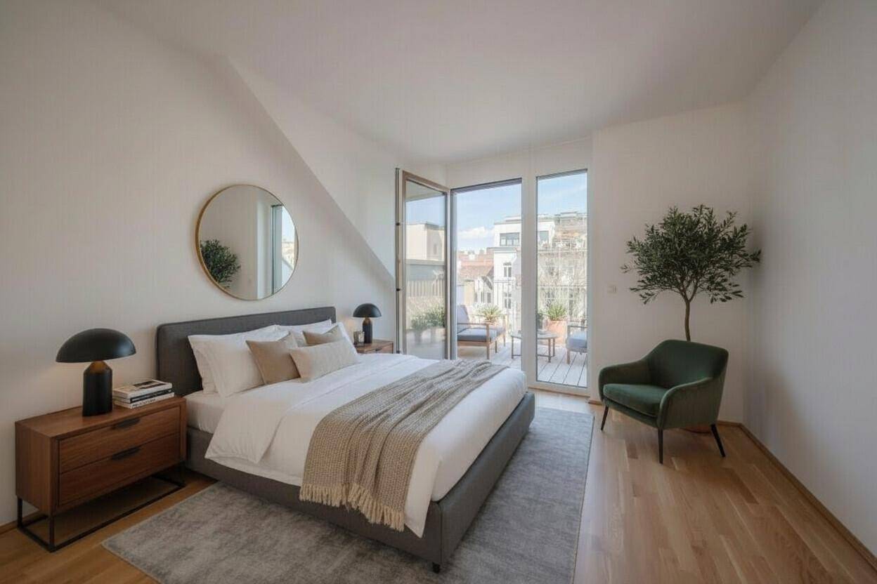 Helles Schlafzimmer mit Holzboden, modernem Bett und direktem Zugang zu einem Balkon.