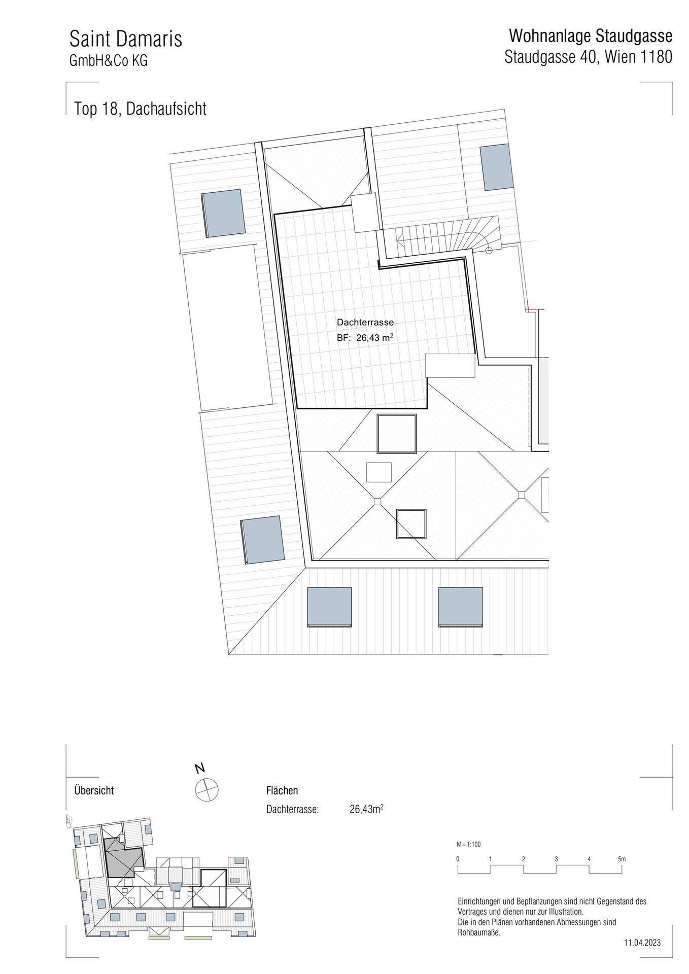 Grundriss der Dachaufsicht zeigt die großzügige Dachterrasse mit Zugang vom Wohnbereich.