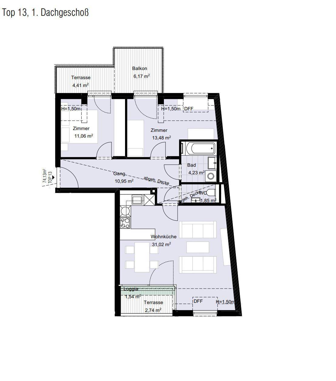 Grundriss der Wohnung Top 13 im ersten Dachgeschoss mit Terrasse und Balkon.