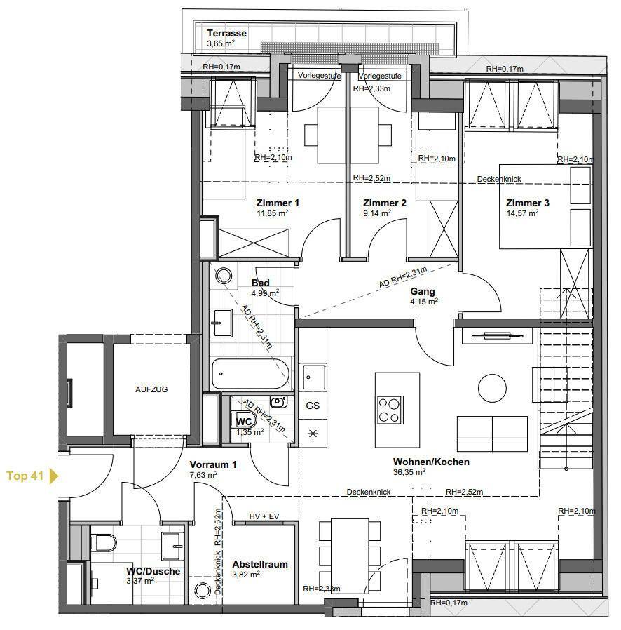 Detaillierter Grundriss der Wohnung Top 41 mit drei Zimmern, offener Wohnküche und Terrasse.