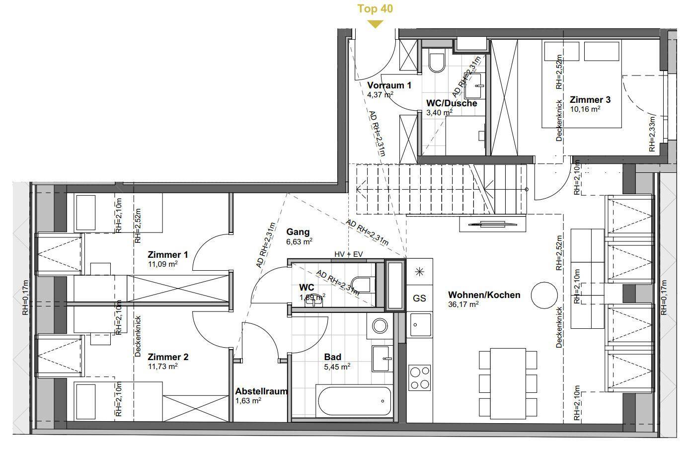 Grundriss der Dachterrasse mit Zugang und eingezeichneter Photovoltaikanlage.