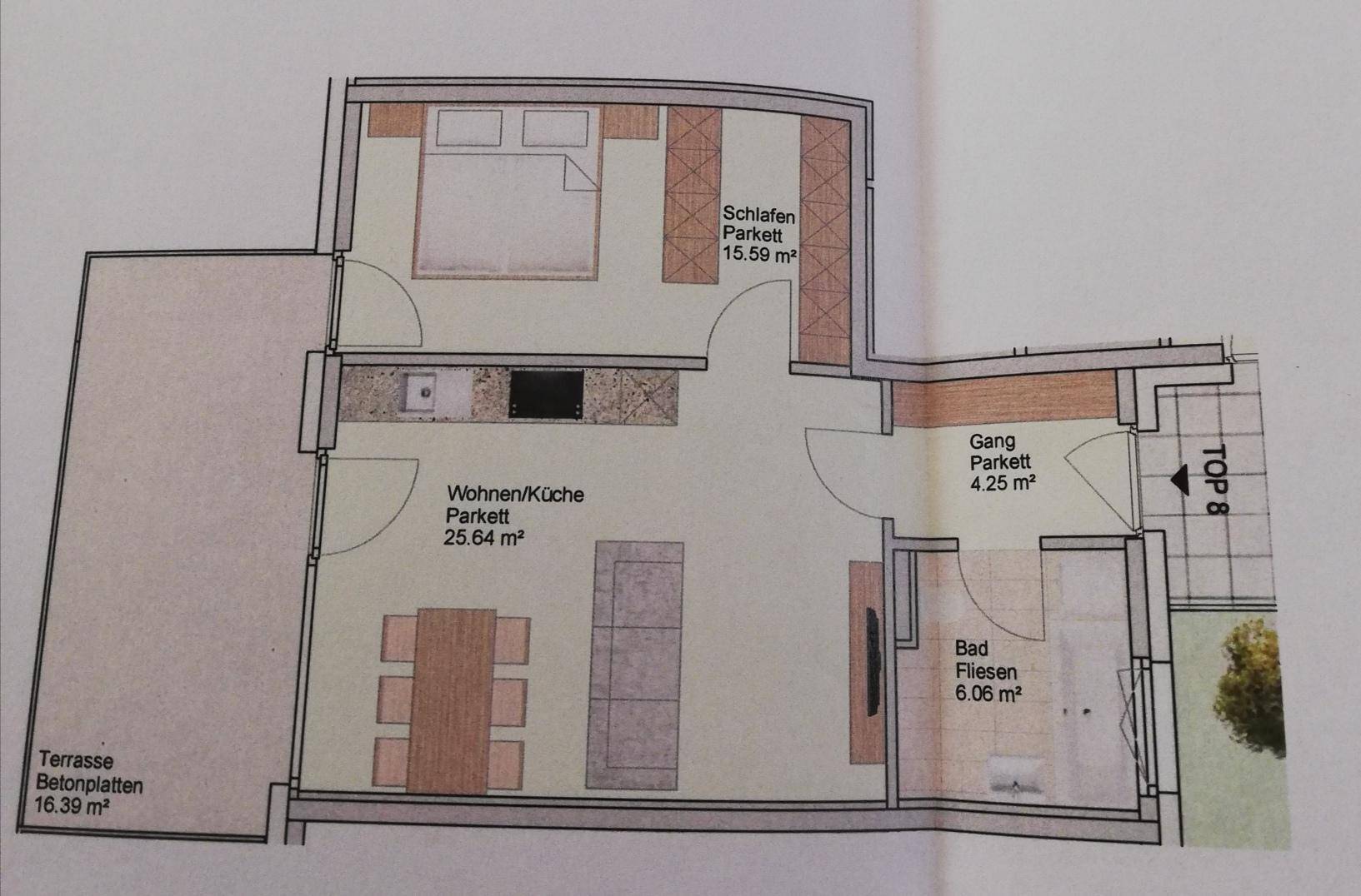 Grundriss der Wohnung Top 8 mit Schlafzimmer, Wohnküche und großer Terrasse.