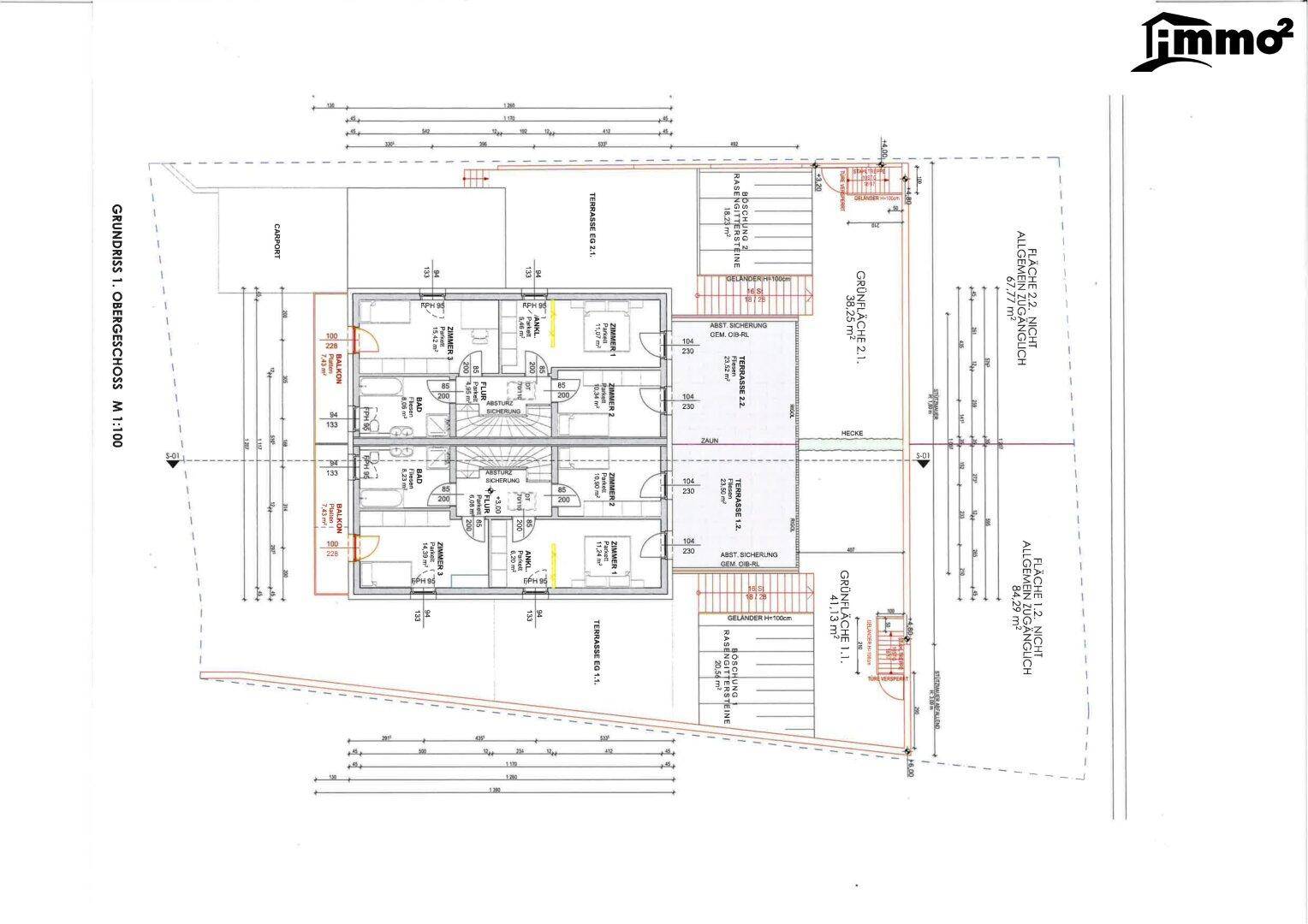 Grundriss des Obergeschosses mit Balkonen und Schlafzimmern.