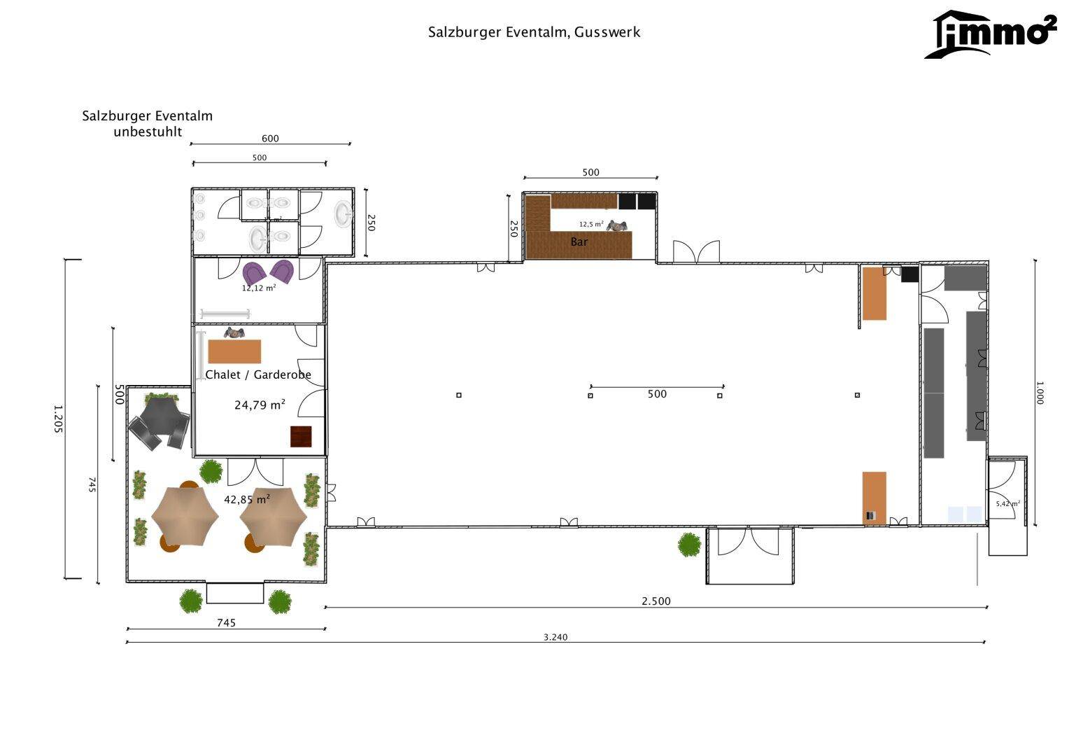 Grundriss der Eventalm ohne Bestuhlung, zeigt die flexible Raumgestaltung.