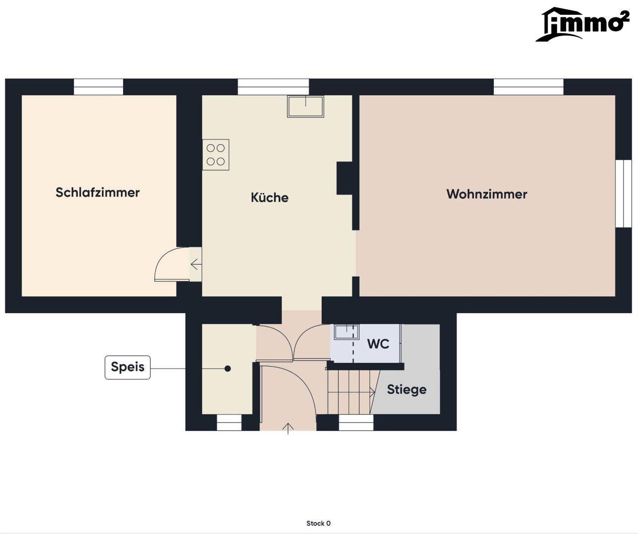 Grundriss des Erdgeschosses mit Schlafzimmer, Küche, Wohnzimmer und WC.