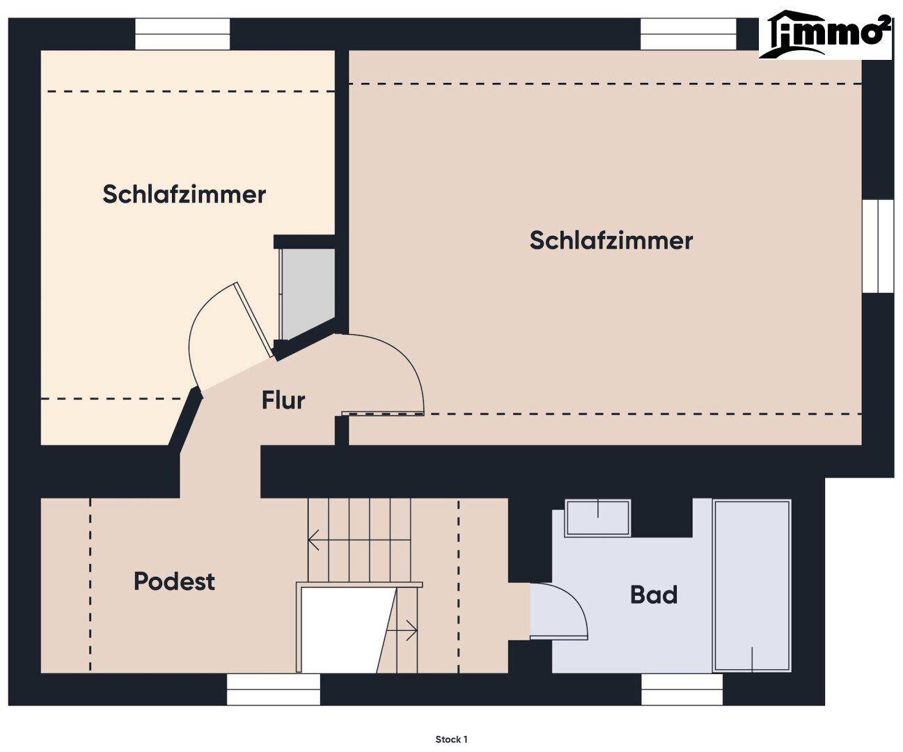 Grundriss des Obergeschosses mit zwei Schlafzimmern, Flur und Badezimmer.