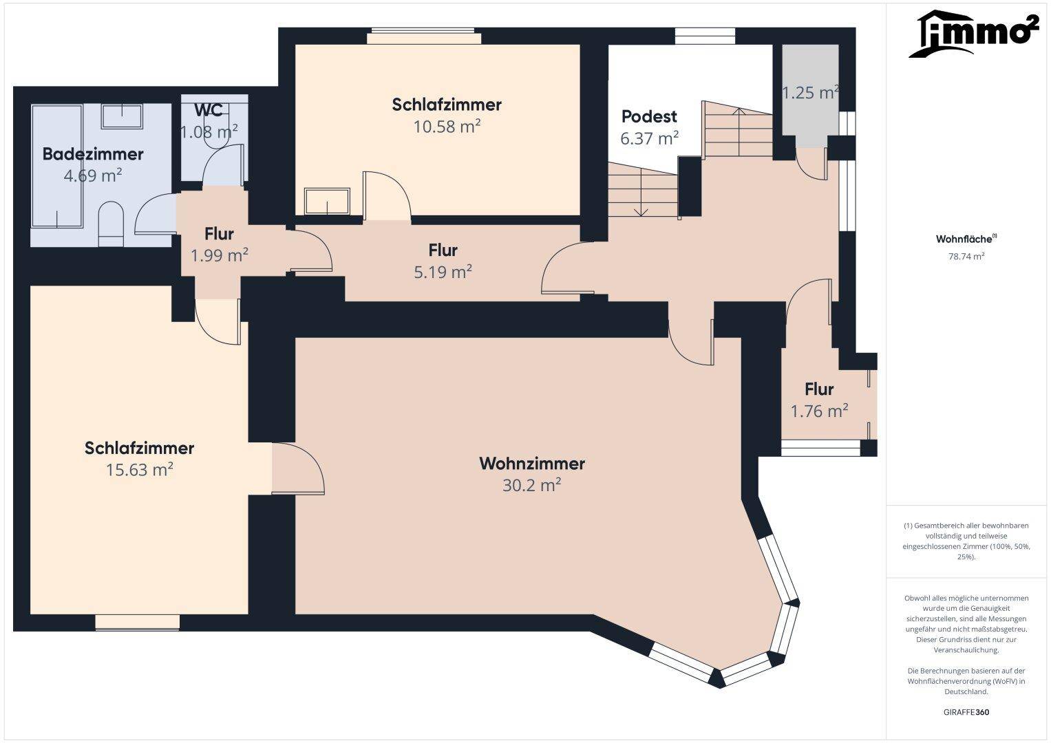 Grundriss des Obergeschosses mit zwei Schlafzimmern, Badezimmer und WC.