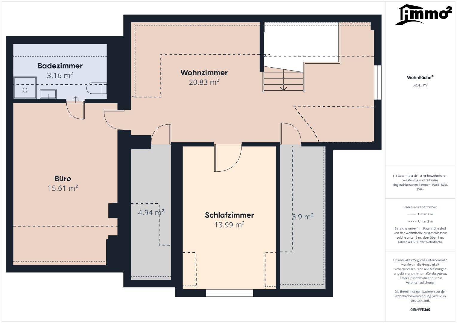Grundriss mit Wohnzimmer, Schlafzimmer, Büro und Badezimmer auf einer Ebene.