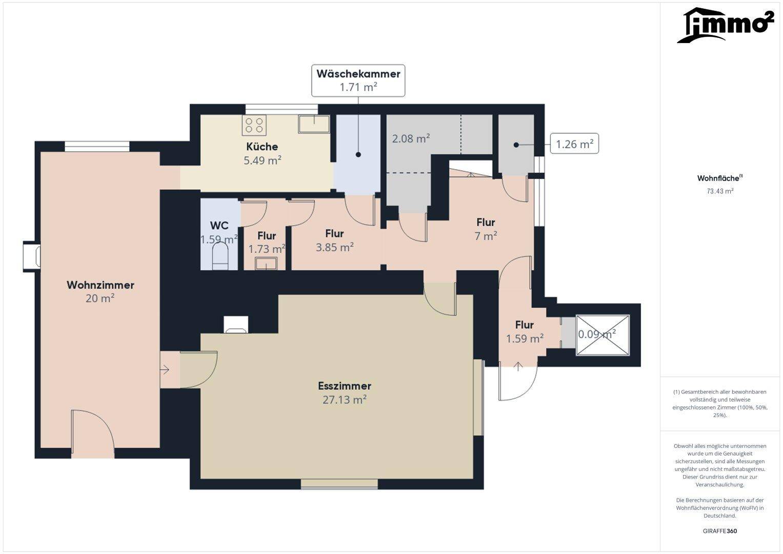 Grundriss des Erdgeschosses mit Wohnzimmer, Esszimmer, Küche und WC.