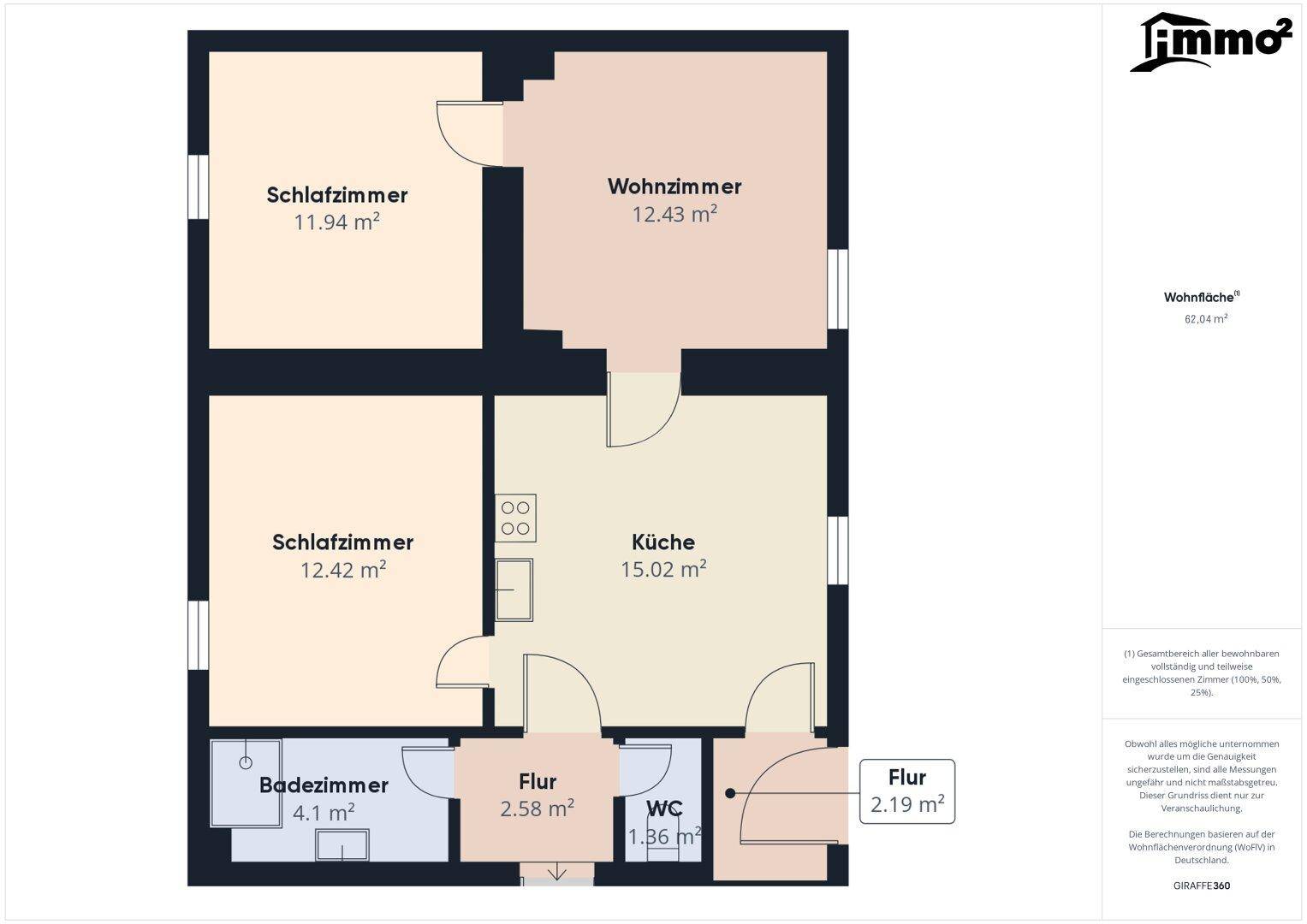 Grundriss mit zwei Schlafzimmern, Wohnzimmer, Küche, Badezimmer und separatem WC.