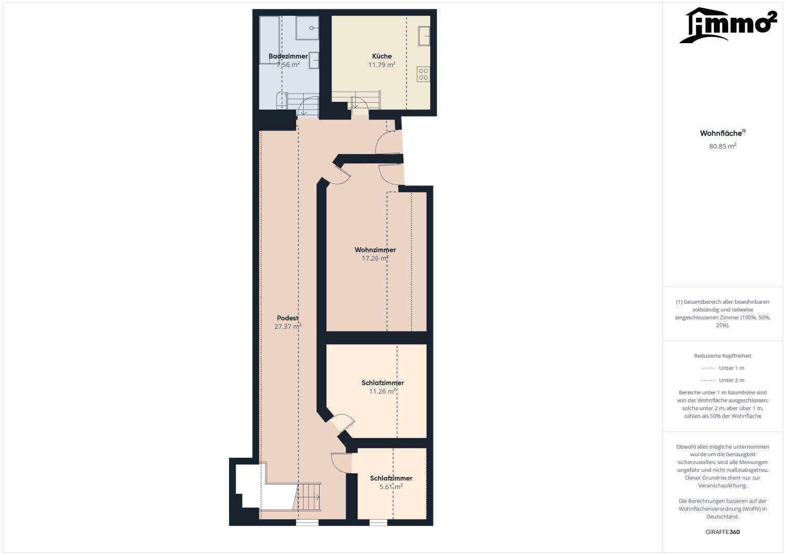 Langer Grundriss mit Wohnzimmer, zwei Schlafzimmern, Küche und Badezimmer, inklusive Treppenaufgang.