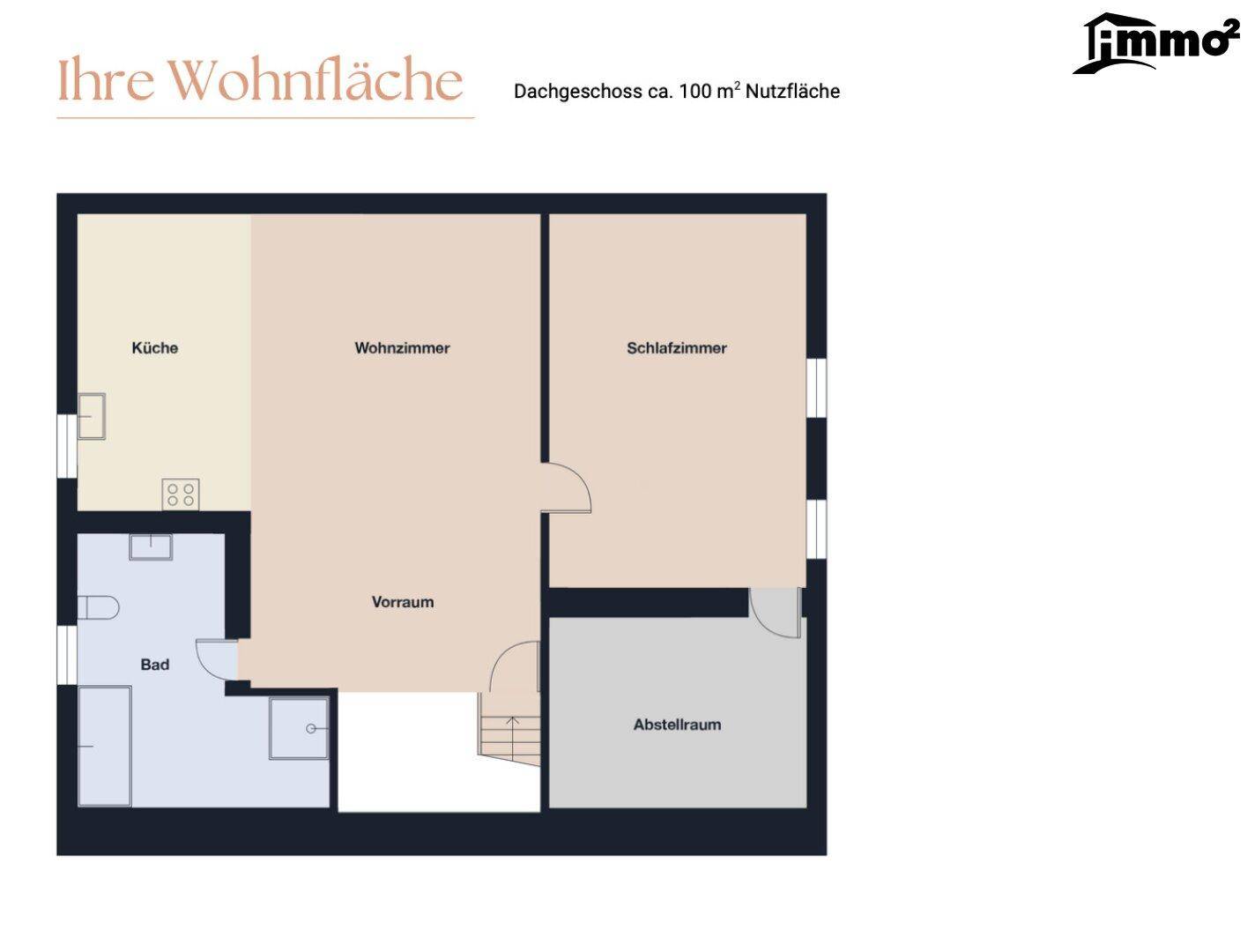 Grundriss des Dachgeschosses mit Wohnzimmer, Schlafzimmer, Bad und praktischem Abstellraum.