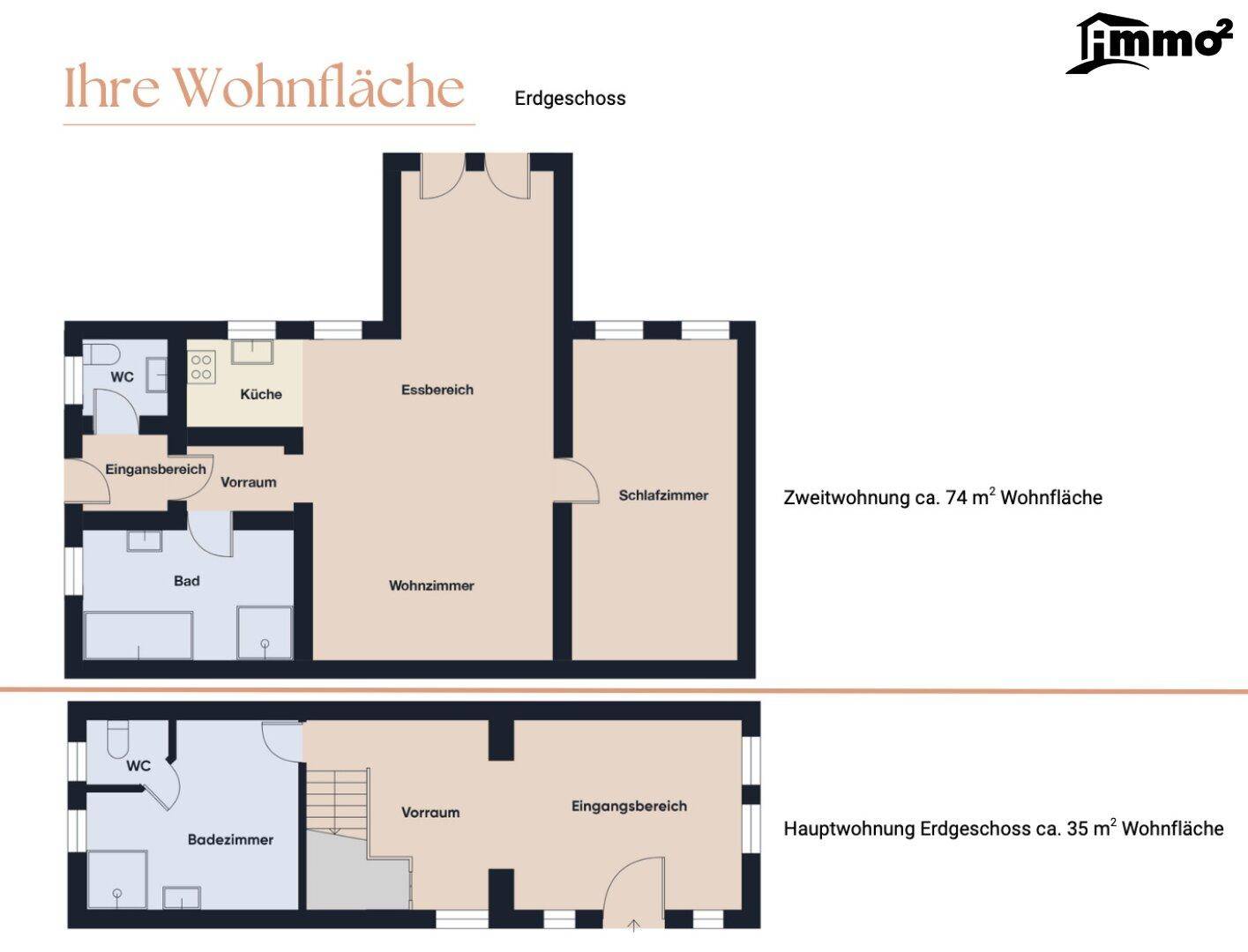 Grundriss des Erdgeschosses mit Wohnzimmer, Küche, Essbereich, Schlafzimmer und Bädern.