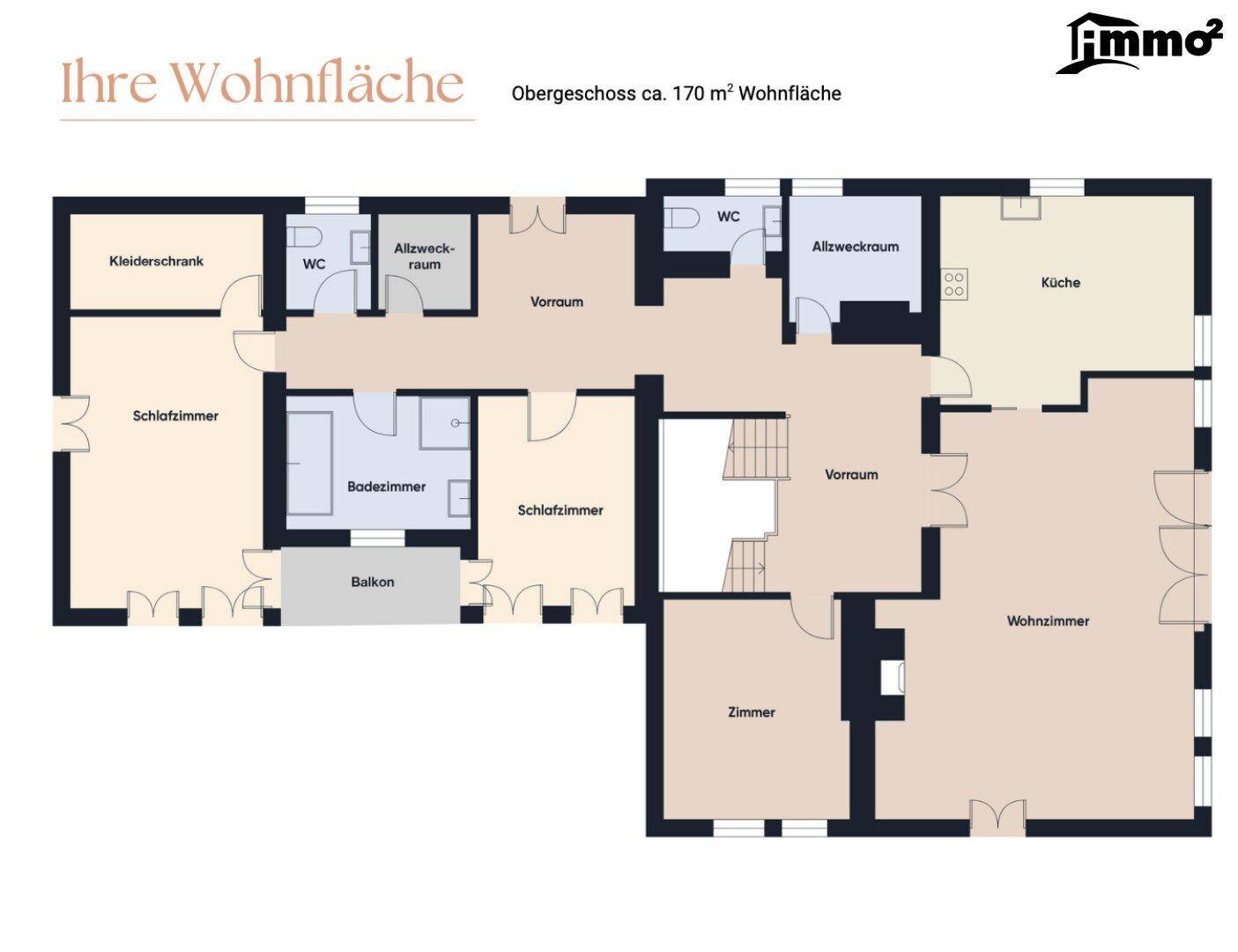 Grundriss des Obergeschosses mit mehreren Schlafzimmern, Bädern, Ankleidezimmer und Balkonzugang.
