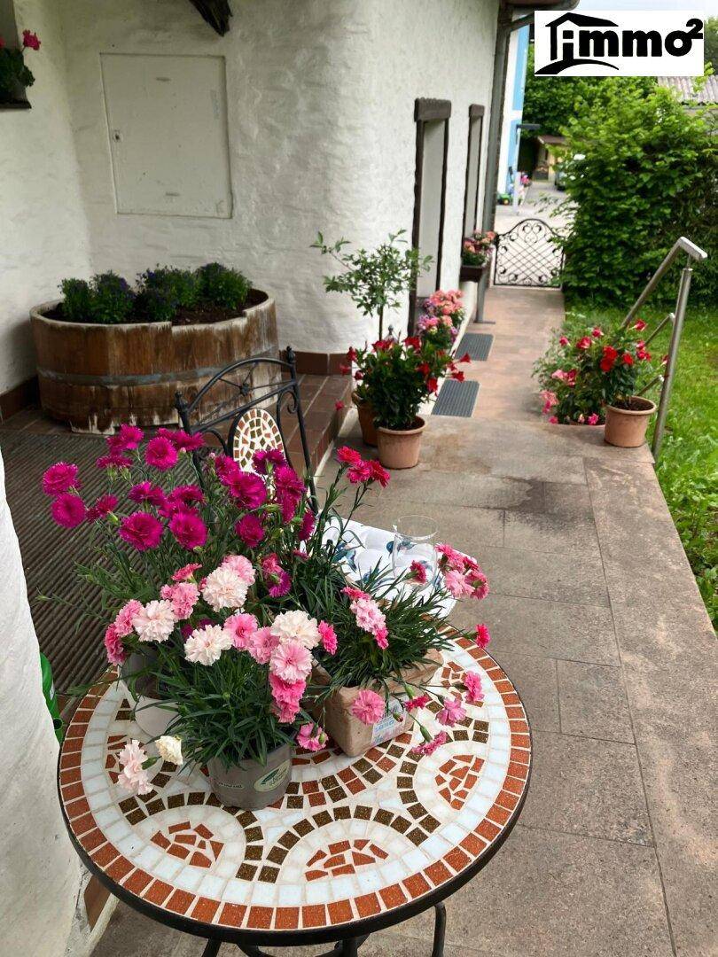 Gemütlicher Terrassenbereich mit Mosaiktisch, bunten Topfpflanzen und Zugang zum Garten.