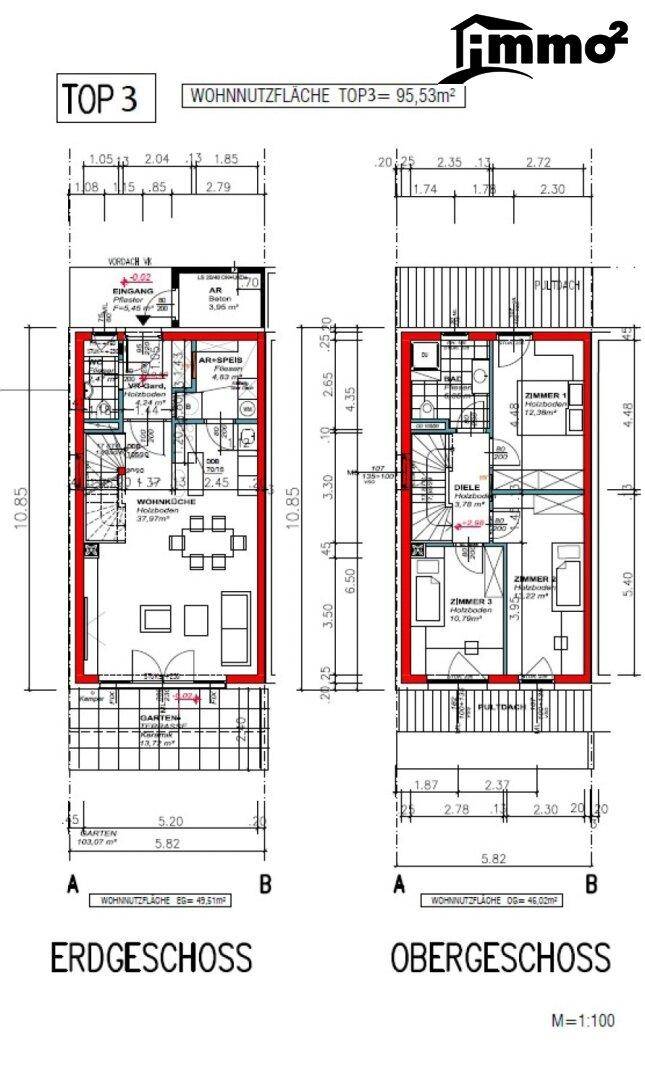 Grundriss von Erdgeschoss und Obergeschoss mit Wohnnutzfläche von 95,53 m².