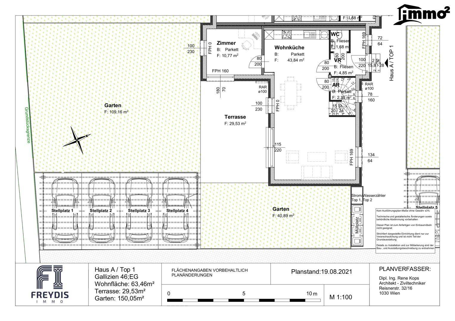 Grundriss des Erdgeschosses mit offenem Wohnbereich, Küche, Zimmer, WC, Terrasse und großem Garten.