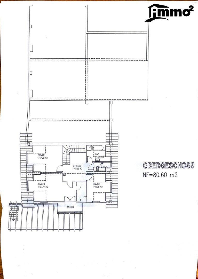 Grundriss des Obergeschosses mit Schlafzimmern, Bad, Balkon und internen Treppen.