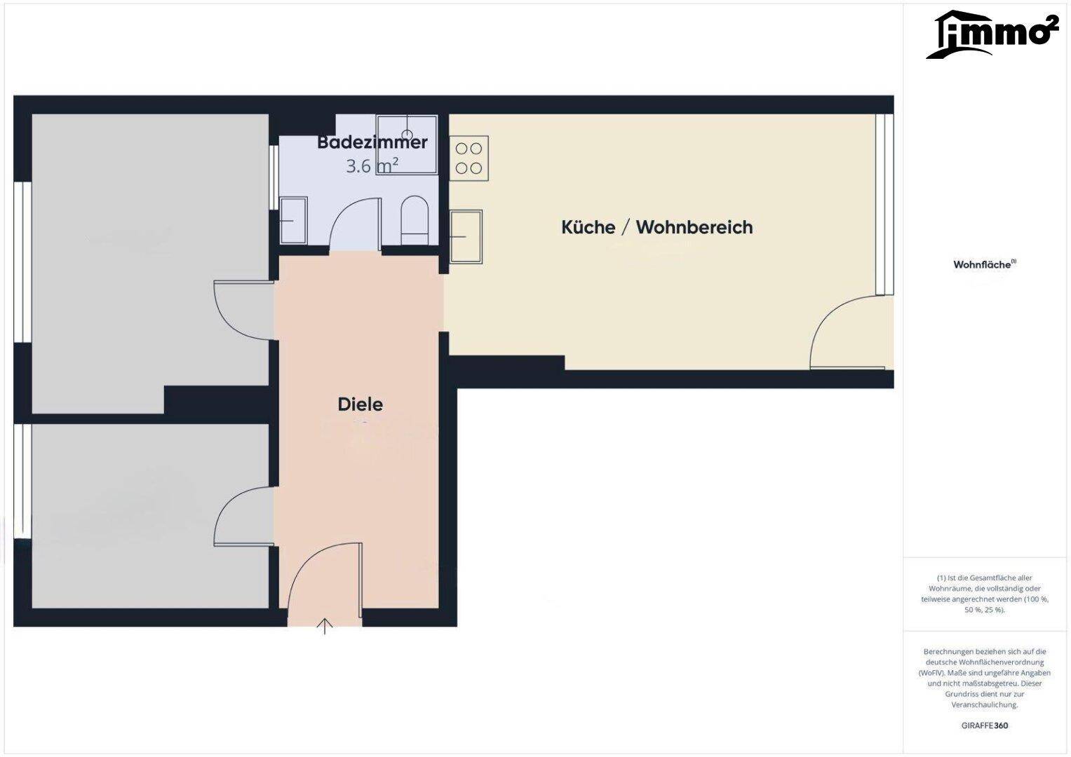 Grundriss der Wohnung mit Küche, Wohnbereich, Bad und Diele.
