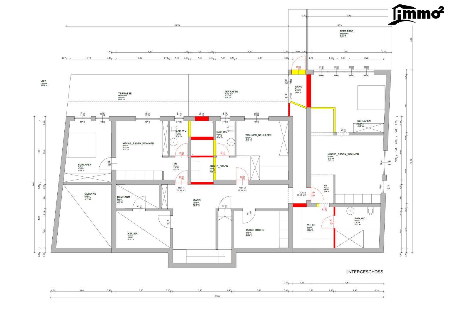 Grundriss des Untergeschosses mit Schlafzimmern, Bädern, Küche-Essen-Wohnen Bereichen und Terrassen.