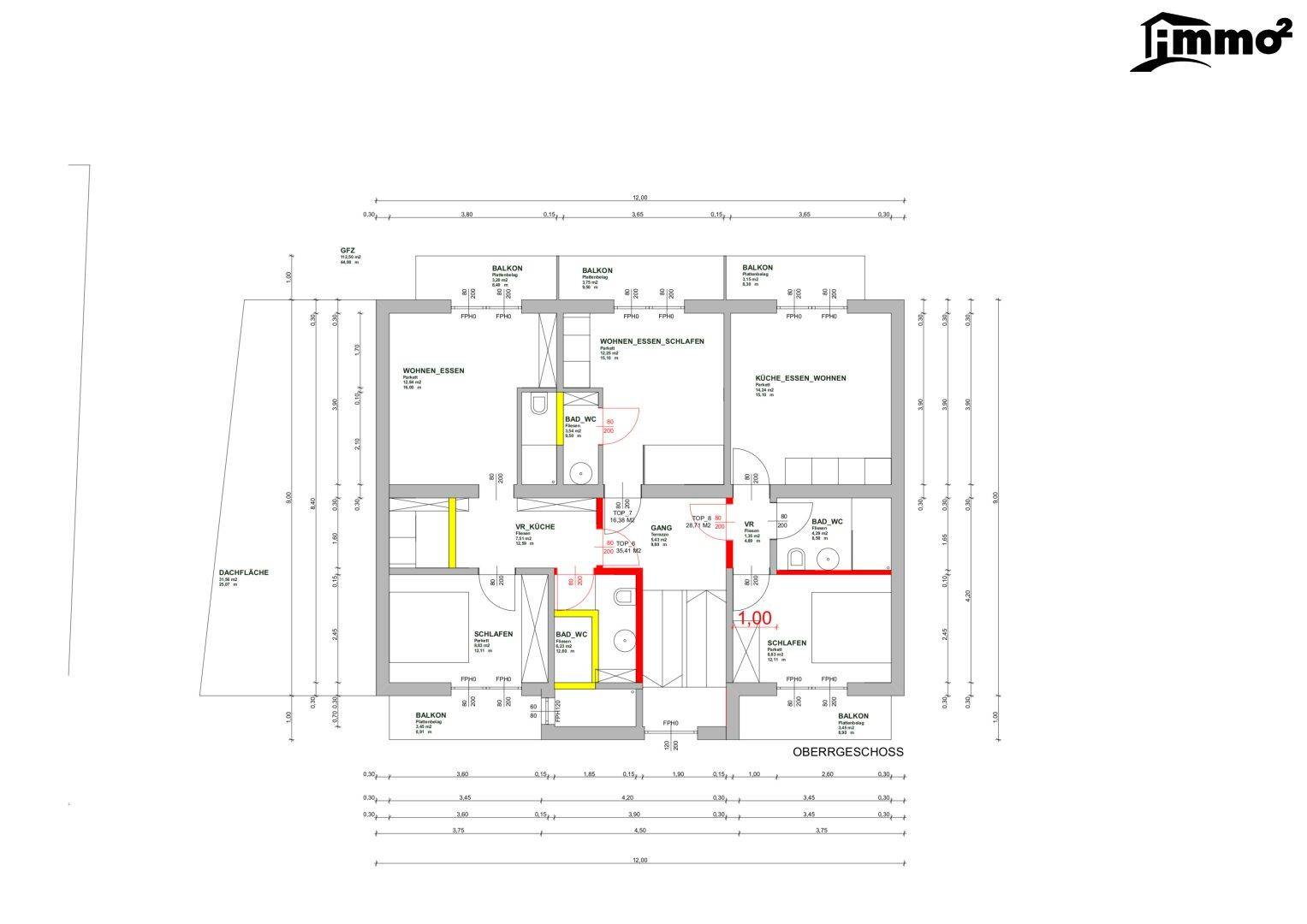 Grundriss des Obergeschosses mit Schlafzimmern, Bädern, Küche-Essen-Wohnen Bereichen und Balkonen.