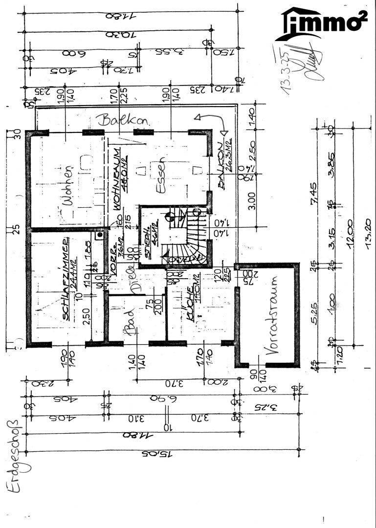 Handgezeichneter Grundriss des Erdgeschosses mit Wohnzimmer, Schlafzimmer und Küche.