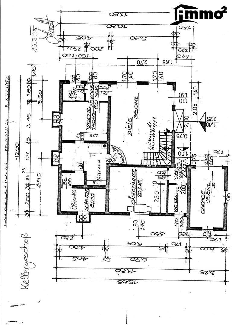 Handgezeichneter Grundriss des Kellergeschosses mit Waschküche, Gästezimmer und Garage.