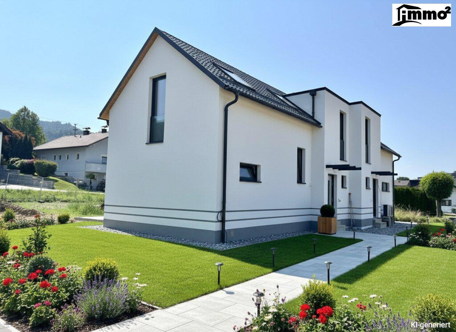 Moderne Hausfassade mit gepflegtem Vorgarten, Gehwegen und dekorativen Pflanzen bei Sonnenschein.