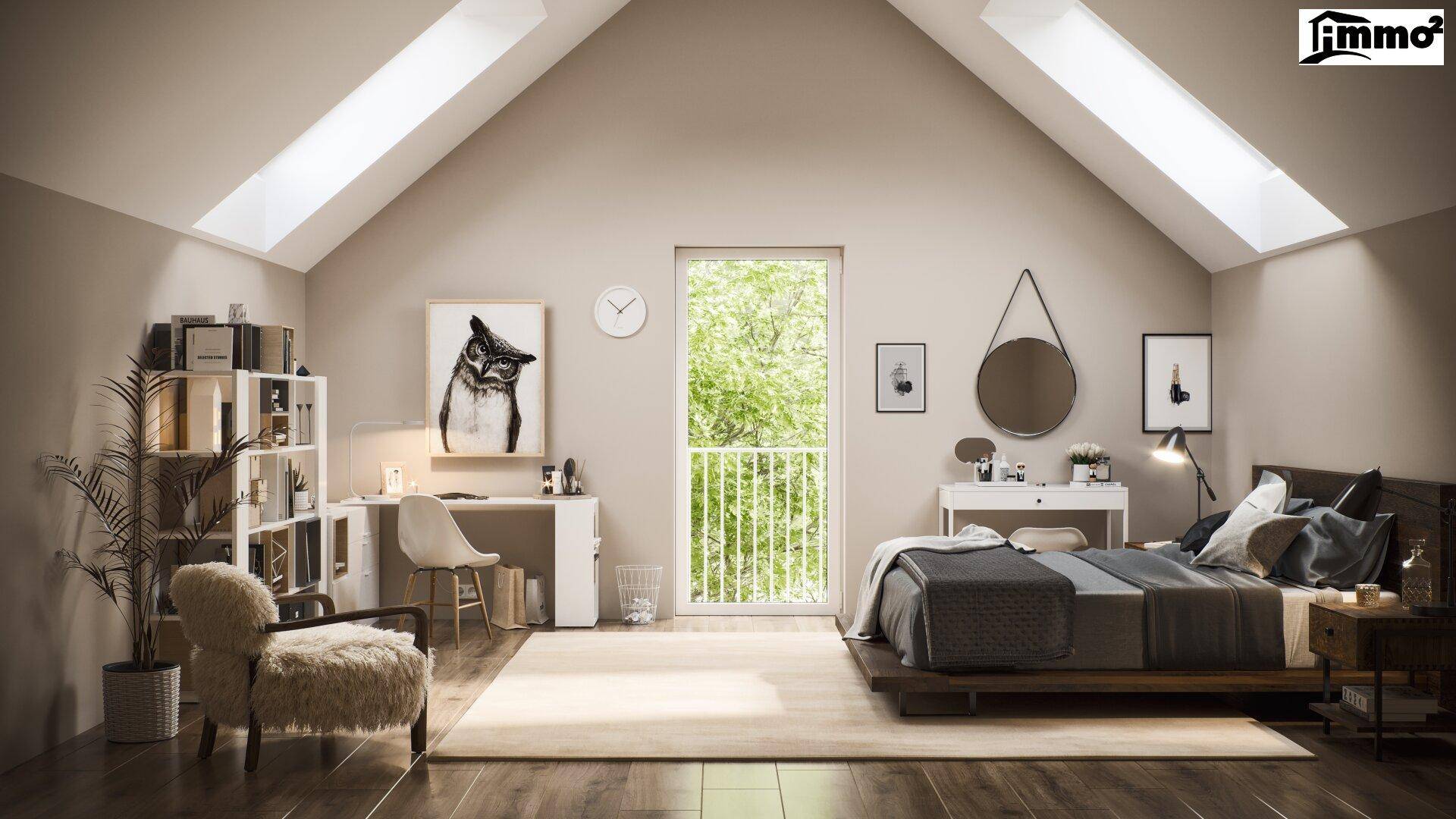 Gemütliches Schlafzimmer im Dachgeschoss mit hohen Decken, Dachfenstern und französischem Balkon.